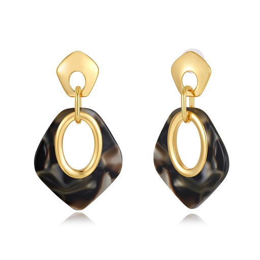 [JY20E0019-3] Dark Marbled Resin Earrings in Sleek Geometric Gold Frame