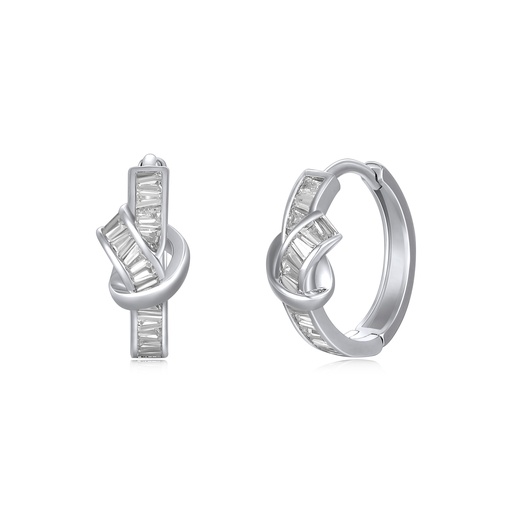 [JY20E0026] Silver Hoop Earrings with Baguette Crystals and Knot Detail