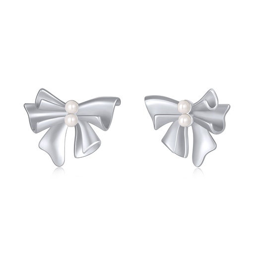 [JY20E0035] Silver Ribbon Pearl Bow Stud Earrings for Women