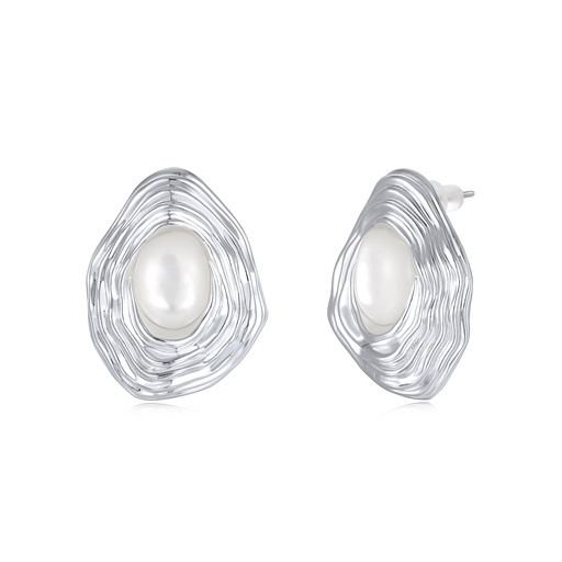 [JY20E0038] Irregular Silver Pearl Earrings with Textured Design