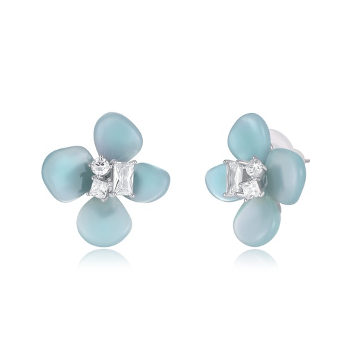 [JY20E0047-1] Matte Blue Floral Stud Earrings with Crystal Accents