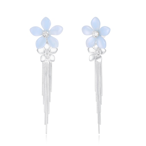[JY20E0048] Blue and Silver Flower Drop Earrings with Tassel Fringe