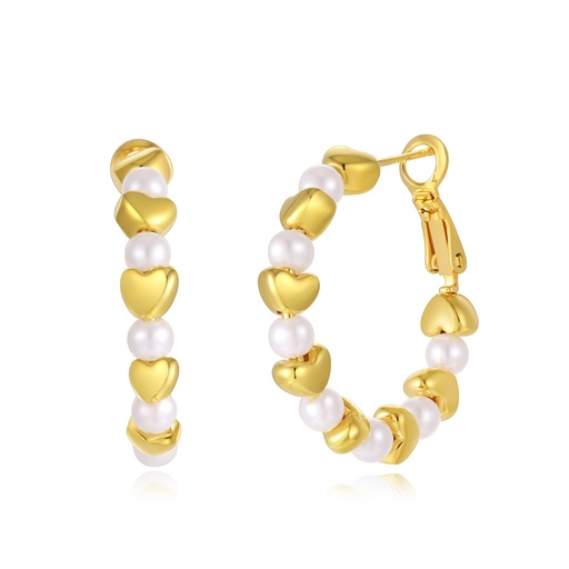 [JY20E0049] Gold Heart and Pearl Hoop Earrings for Romantic Style