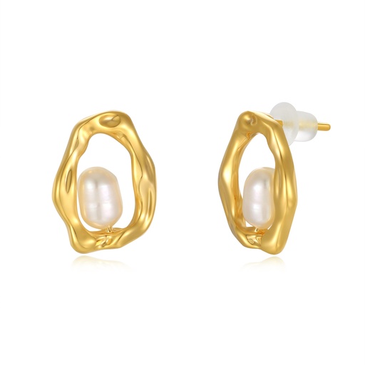 [JY20E0058] Organic Gold Open Stud Earrings with Floating Pearl Center