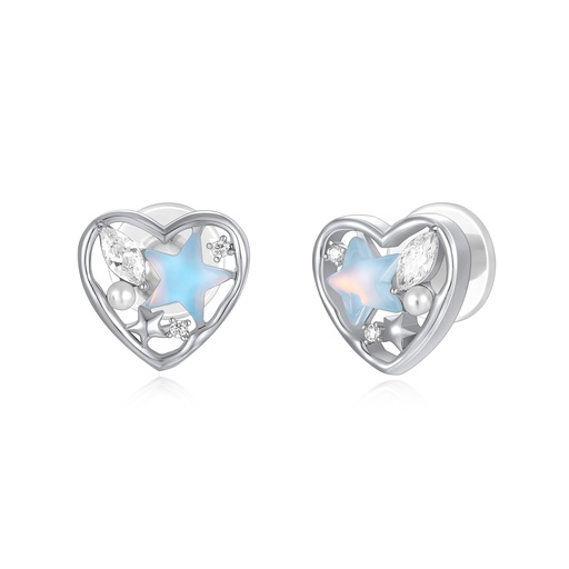 [JY20E0059] Silver Heart Stud Earrings with Stars, Pearls and Crystals