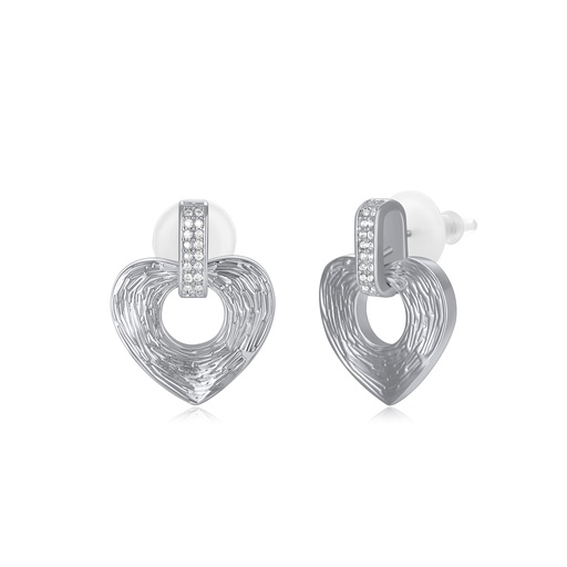 [JY20E0061] Silver Heart Textured Drop Earrings with Crystals