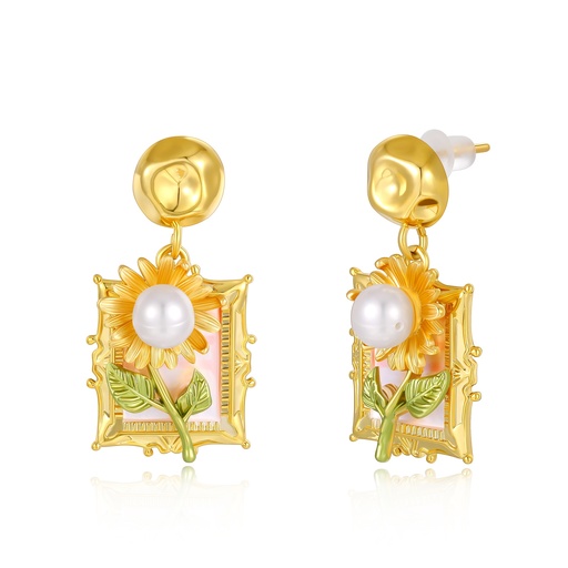 [JY20E0065] Sunflower Pearl Drop Earrings in Gold Vintage Frame Style