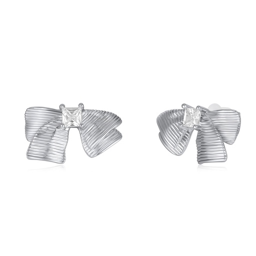 [JY20E0069] Silver Ribbon Bow Earrings with Square Crystal Center