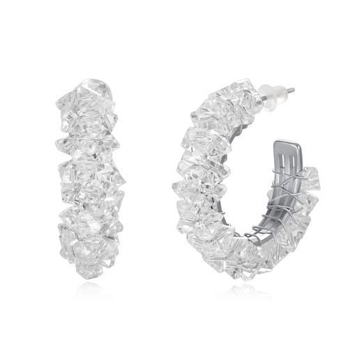 [JY20E0078] Bold Silver Crystal Cluster Hoop Earrings for Statement Looks
