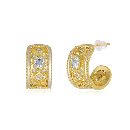 [JY20E0080] Filigree Wide Band Gold Hoop Earrings with Cubic Stones