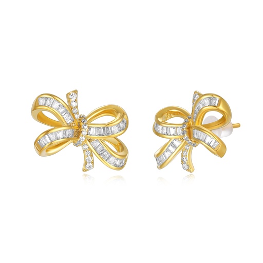 [JY20E0081] Elegant gold ribbon bow earrings with sparkling zircon stone accents