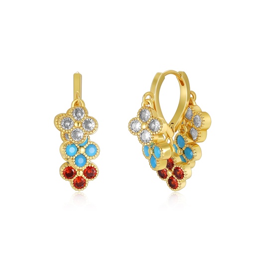 [JY20E0083] Colorful gem cluster earrings with floral pattern and gold finish