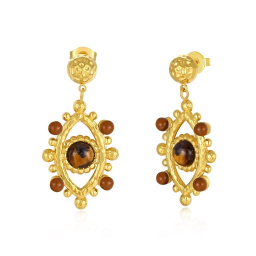 [JY20E0084] Tribal-inspired gold dangle earrings with tiger eye stone