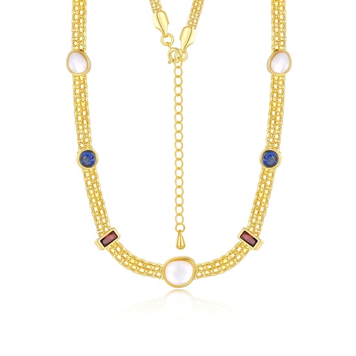 [JY20N0001] Elegant Gold Chain Necklace with Colorful Gemstone Accents and Pearls