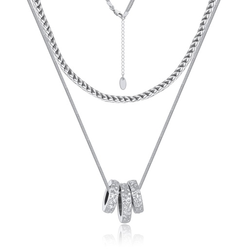[JY20N0002] Layered Silver Snake Chain Necklace with Textured Circle Pendants
