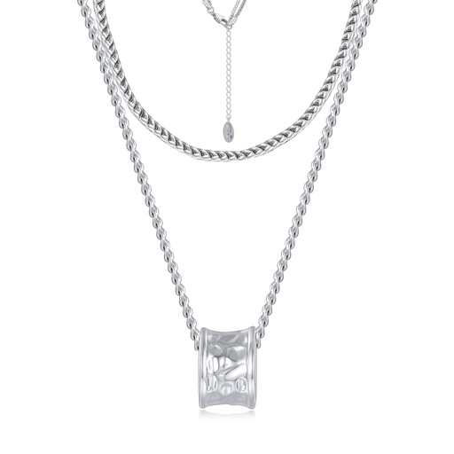 [JY20N0003] Dual-Strand Chunky Silver Necklace with Hammered Cylinder Pendant