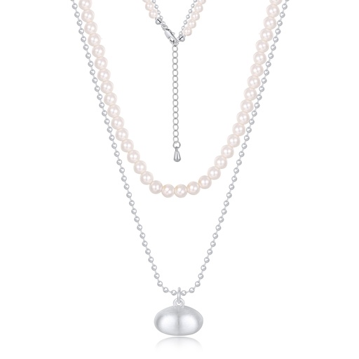 [JY20N0009] Layered Pearl and Bead Necklace with Silver Bean Charm