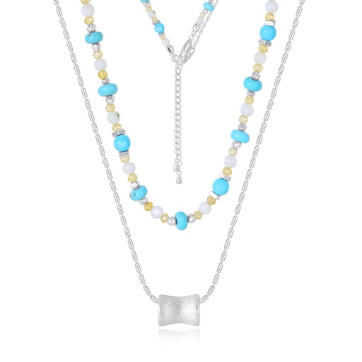 [JY20N0011] Layered Turquoise and Beaded Necklace with Matte Silver Charm