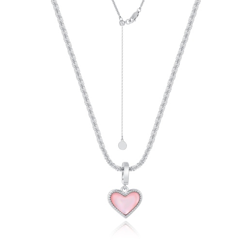[JY20N0014] Elegant Silver Heart Necklace with Pink Enamel and Crystals