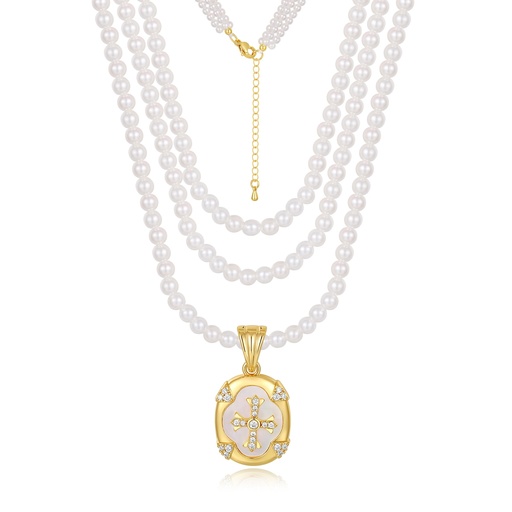 [JY20N0021] Elegant Pearl Strand Necklace with Gold Cross Medallion Pendant