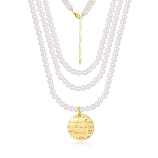 [JY20N0022] Layered Pearl Necklace with Scripted Gold Round Medallion Charm