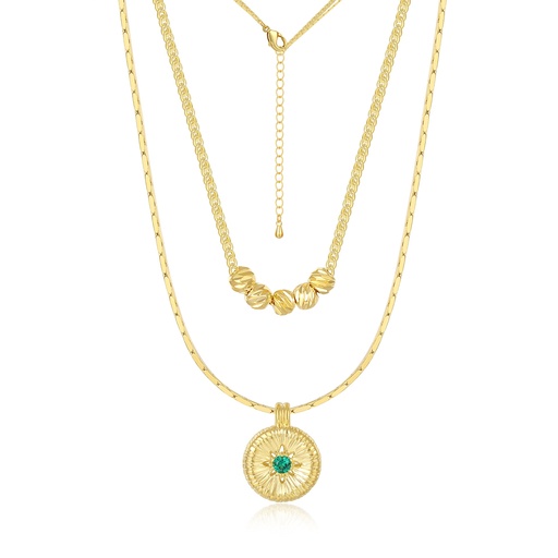 [JY20N0023] Double Layer Necklace with Emerald Sunburst and Gold Bead Detail