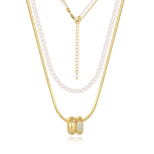 [JY20N0024] Classic Pearl and Gold Double Necklace with Sparkling Ring Pendant