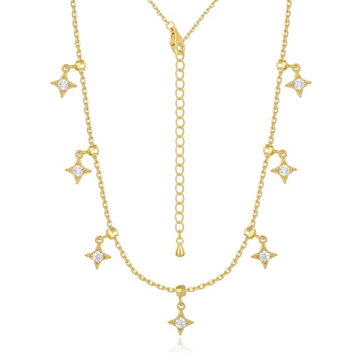 [JY20N0026-2] Gold-Plated Brass Star Necklace with Sparkling CZ Charms