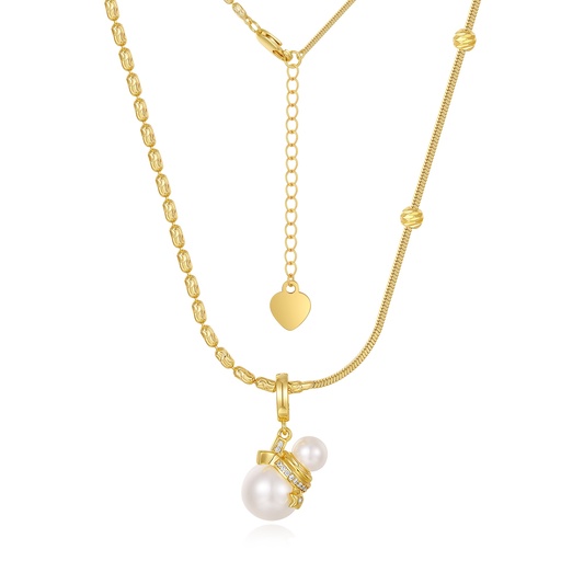 [JY20N0028] Gold Pearl Drop Pendant Necklace with Dual Brass Chains