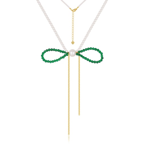 [JY20N0029] Green Beaded Bow Pearl Drop Brass Necklace