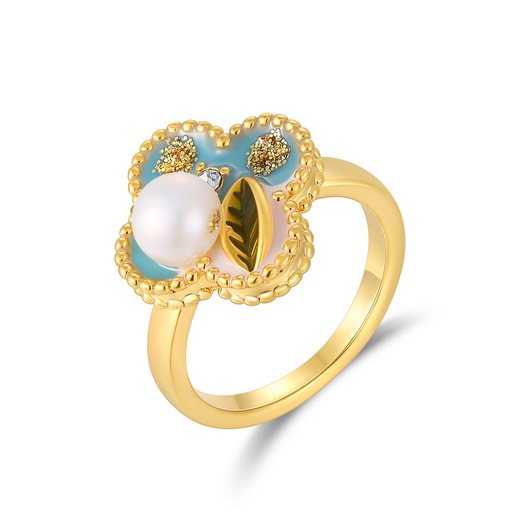 [JY20R0009-1] Turquoise Floral Enamel Ring with Pearl and Gold Leaf Accents