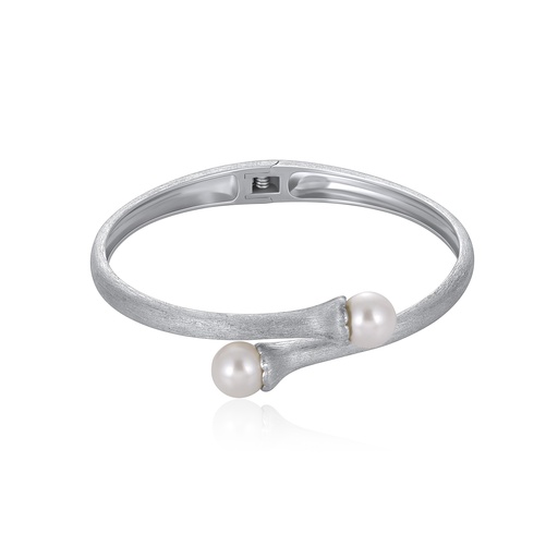[PD02B0007] Modern Double Pearl Open Bangle with Satin Silver Finish