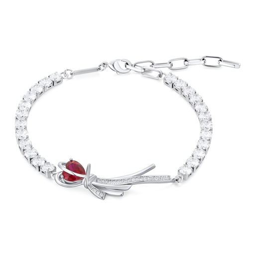 [PD02B0009] Silver tennis chain bracelet with ruby bowknot heart charm