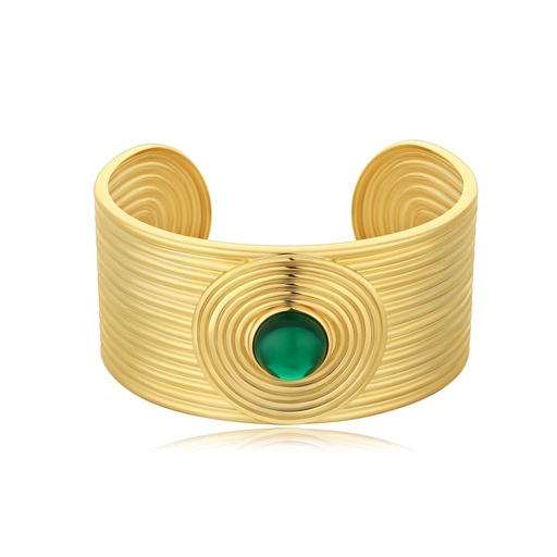 [PD02B0015] Bold Gold Wide Cuff Bracelet with Green Center Stone