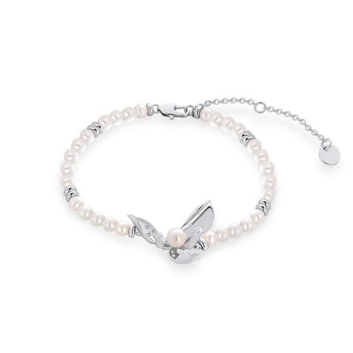 [PD02B0024] Elegant Pearl Beaded Bracelet with Silver Butterfly Charm Accent