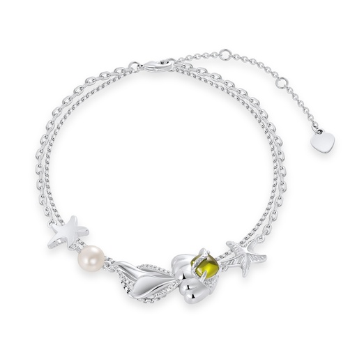 [PD02B0034] Ocean-Inspired Pearl Bracelet with Shells, Starfish, and Green Gem