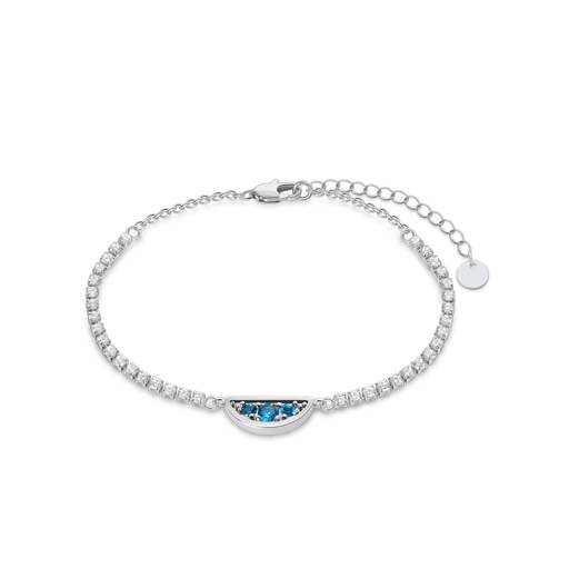 [PD02B0049] Dazzling Blue Half-Moon Tennis Bracelet – Silver Brass Charm