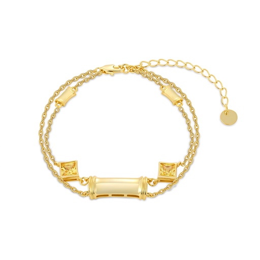 [PD02B0050] Golden Bamboo-Inspired Dual Chain Bracelet with Yellow Gems