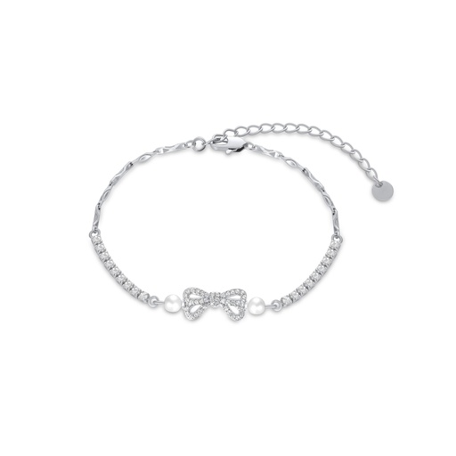 [PD02B0052] Silver Pearl Bow Bracelet with Sparkling Crystals and Twist Band