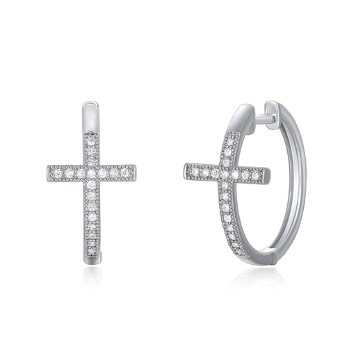 [PD02E0029] Silver Cross Hoop Earrings with Sparkling Pave Crystal Inlays