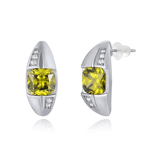 [PD02E0030] Modern silver stud earrings with bold yellow gemstone and crystals.