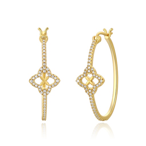 [PD02E0038] Gold Hoop Earrings with Diamond Flower Center Detail