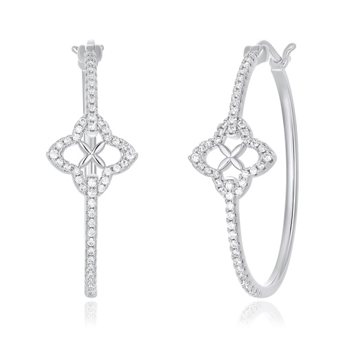 [PD02E0038-1] Silver Hoop Earrings with Radiant Diamond-Accented Floral Centerpiece
