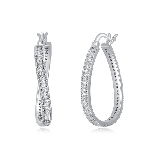[PD02E0048] Sleek silver hoop earrings with double square-cut crystal stones