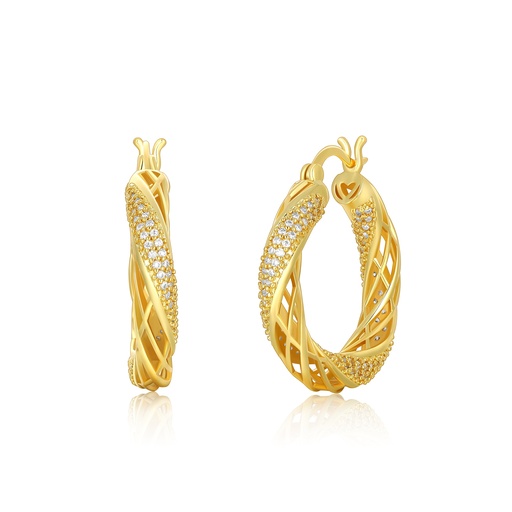 [PD02E0055] Gold twisted mesh hoop earrings with pavé cubic zirconia sparkle