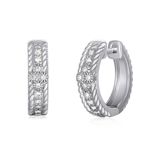 [PD02E0058] Silver huggie hoops with rope texture and dainty daisy crystals
