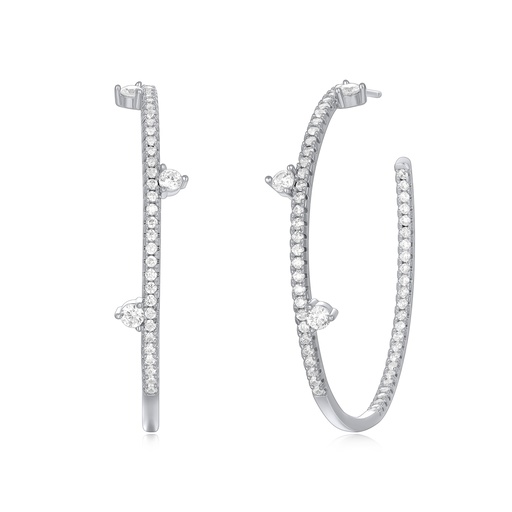 [PD02E0059] Long pavé hoop earrings with floating pear-shaped crystal accents