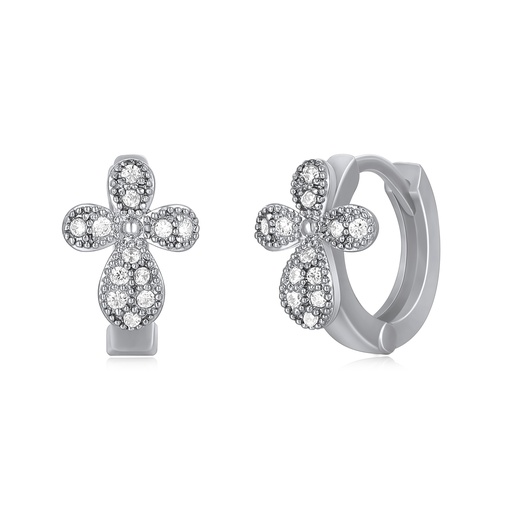 [PD02E0063] Sparkling Clustered Flower Huggie Earrings in Rhodium Plating