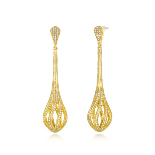 [PD02E0067] Long Gold Drop Earrings with Intricate Openwork and CZ Detail