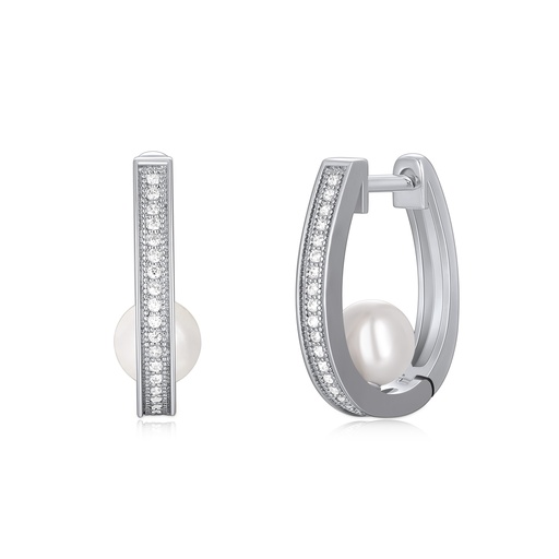[PD02E0068] Silver Hoop Earrings with Pearl Accent and Pave CZ Shine